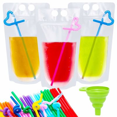 500ml 750ml Kantong Kemasan Cairan Minuman Transparan Dengan Jerami Dan Pegangan