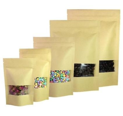 Stand Up Doypack Heat Seal Brown Kraft Paper Packaging Bags Multi Ukuran Dengan Jendela Matte