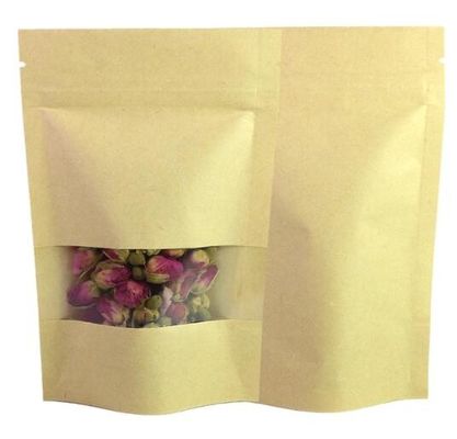 Stand Up Doypack Heat Seal Brown Kraft Paper Packaging Bags Multi Ukuran Dengan Jendela Matte